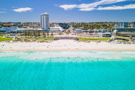 Aerial view of Scarborough Beach in Perth, Australia.
