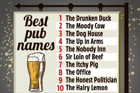 Illustration of a pub sign listing the best pub names.
