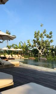 Poolside lounge chairs and umbrellas at a resort.