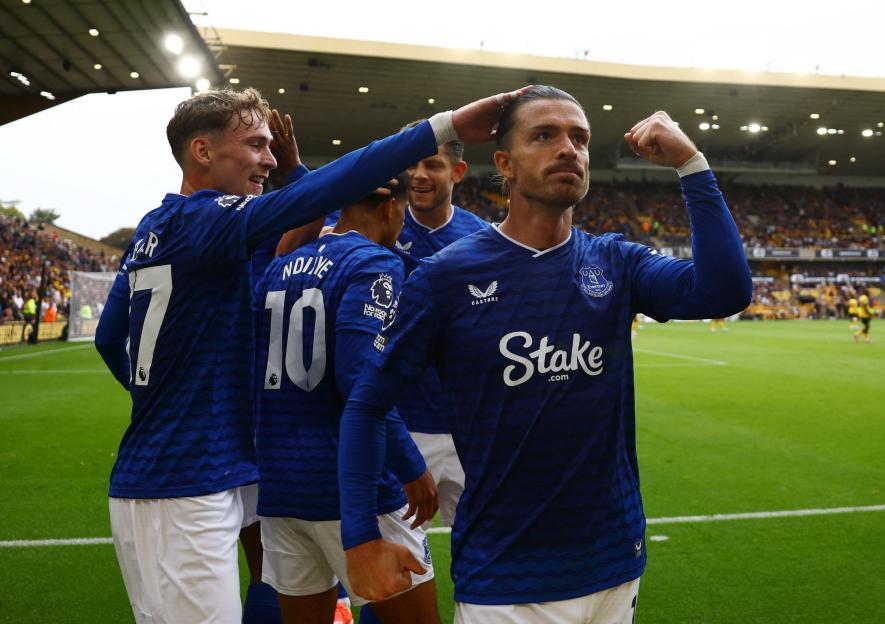 Jack Grealish of Everton celebrates a goal.
