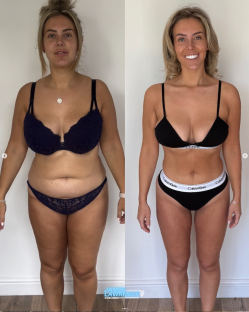 Before and after photos of a woman's weight loss.