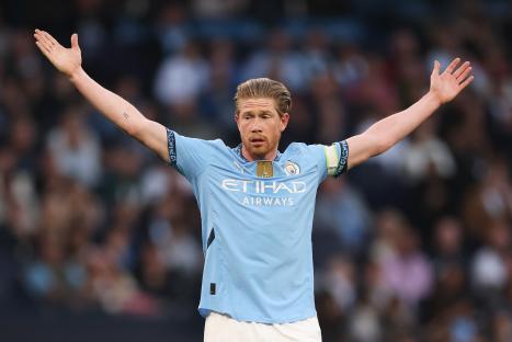 Kevin De Bruyne of Manchester City reacting during a match.
