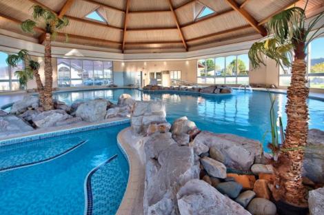 Indoor pool with rock formations and palm trees at The Warren Resort and Spa.