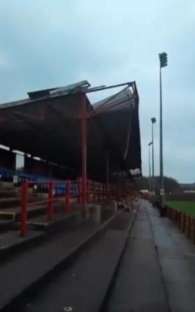 'Goodness gracious' - FA Trophy match canceled after Storm Amy tears roof off stand in dramatic scenes