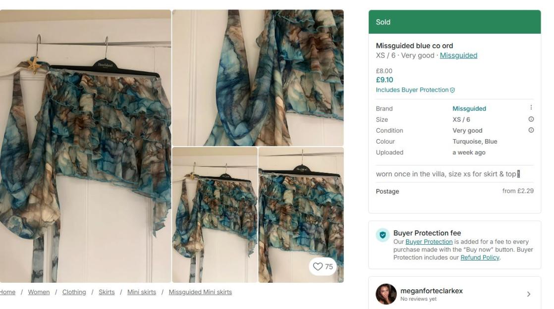 Four images of a blue and brown ruffled Missguided co-ord skirt and top hanging on a white door, with product details for the listing on the right.