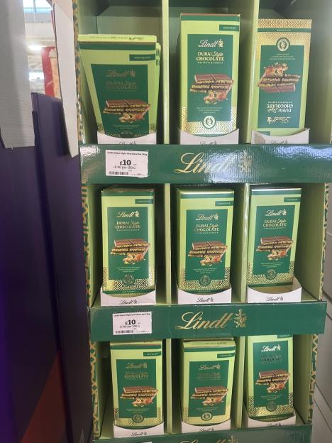 Display of Lindt Dubai Style chocolate bars at Sainsbury's.
