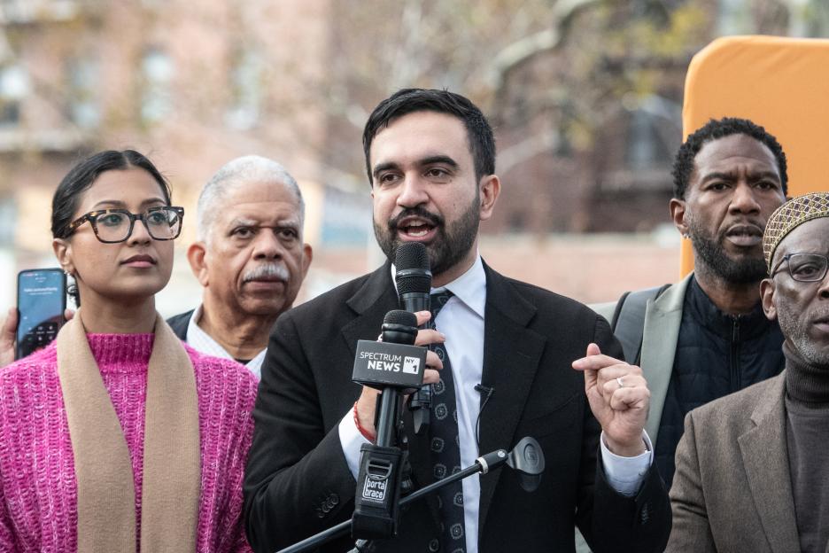 NYC Mayoral Candidate Zohran Mamdani speaks at a campaign event.
