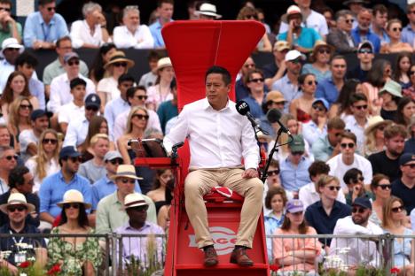 LONDON, ENGLAND - JUNE 22: Chair Umpire James Keothavong looks on during the Men's Singles Final between Carlos Alcaraz of Spain and Jiri Lehecka of Czechia on Day Fourteen of the 2025 HSBC Championships at The Queen's Club on June 22, 2025 in London, England. (Photo by Luke Walker/Getty Images for LTA)