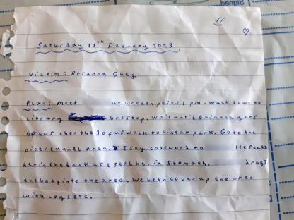Handwritten note detailing a murder plan.