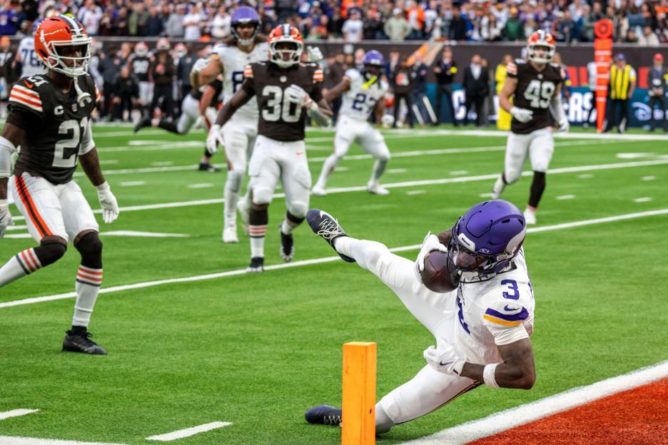 Minnesota Vikings Wide Receiver Jordan Addison scoring the winning touchdown against the Cleveland Browns.