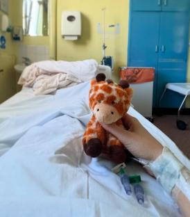 A child's hand holding a giraffe stuffed animal in a hospital bed.