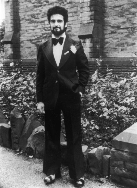 Black and white photo of Peter Sutcliffe on his wedding day.