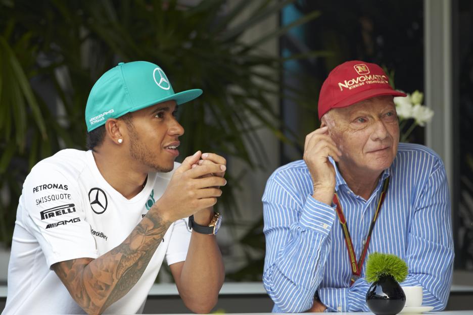 Lewis Hamilton and Niki Lauda in conversation.