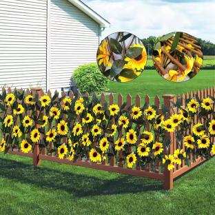 Expanding garden trellis with artificial sunflowers.