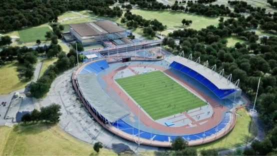Aerial illustration of a stadium with a running track and soccer field.