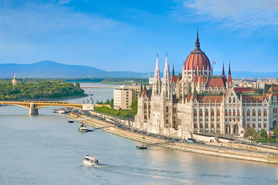 The Hungarian Parliament Building and the Danube River in Budapest, Hungary.