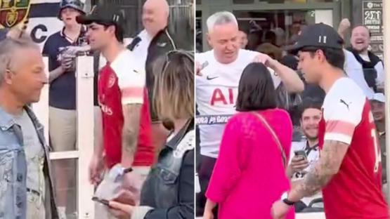Moment bold Arsenal fan bombarded with X-rated chant from Spurs supporters after strolling around Bilbao in Gunners kit