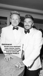 Black and white photo of Gordon Ramsay and David Beckham in white dinner jackets.