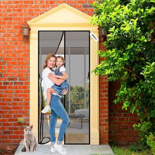 Magnetic insect screen door with a woman and child.