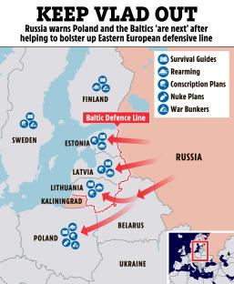 Illustration of a map showing Russia's warning to Poland and the Baltics, highlighting military preparations in the region.