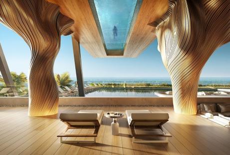 Illustration of an apartment in the Senna Tower overlooking an ocean view.