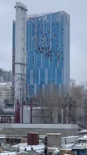 A war-damaged building in Kyiv, Ukraine.