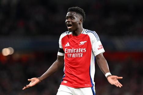 Bukayo Saka of Arsenal reacting during a soccer match.