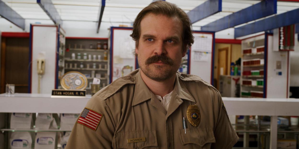 David Harbour as Jim Hopper in a sheriff's uniform from Stranger Things 3.