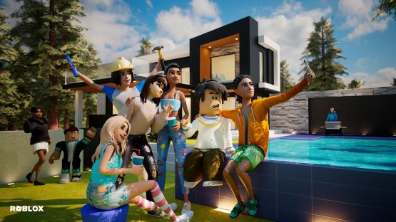 Roblox avatars by a pool at a modern house.