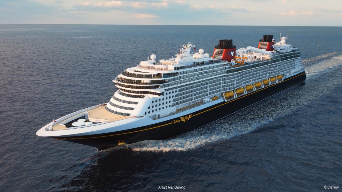 Artist rendering of the Disney Treasure cruise ship at sea.