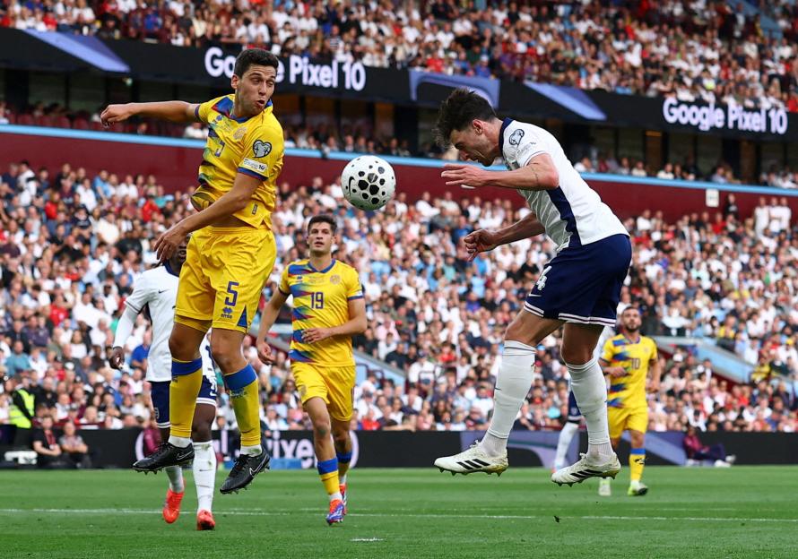 Declan Rice scoring a goal during a soccer match.
