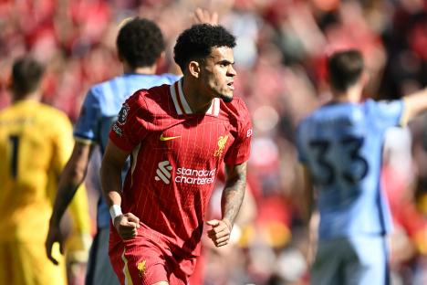 Luis Diaz celebrating a goal for Liverpool.
