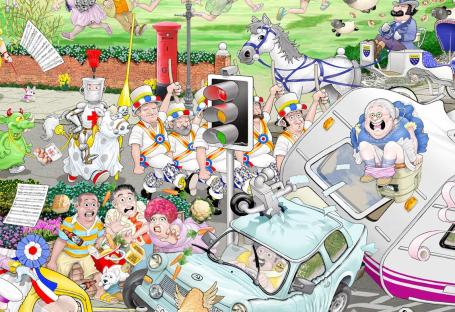 Illustration of a chaotic street scene with morris dancers, a caravan accident, and various other comical characters.