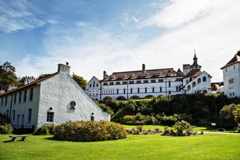 Caldey Abbey viewed from the village, Pembrokeshire.