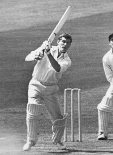 Black and white photo of Bob Cowper, an Australian cricketer, batting.