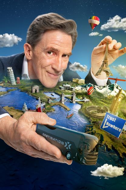 Illustration of a man holding miniature landmarks and a Destination X bus above a miniature world map.