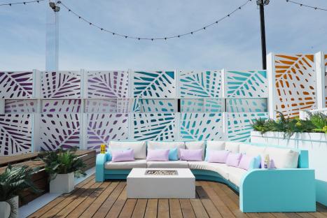 The Love Island villa's outdoor seating area.