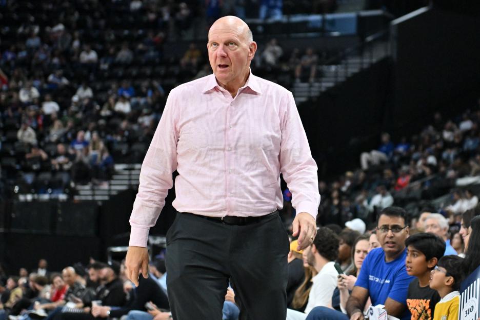 Steve Ballmer, owner of the Los Angeles Clippers, attends an NBA basketball game.
