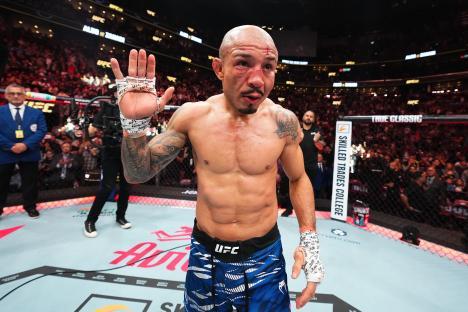 Jose Aldo of Brazil reacts after a UFC featherweight bout.