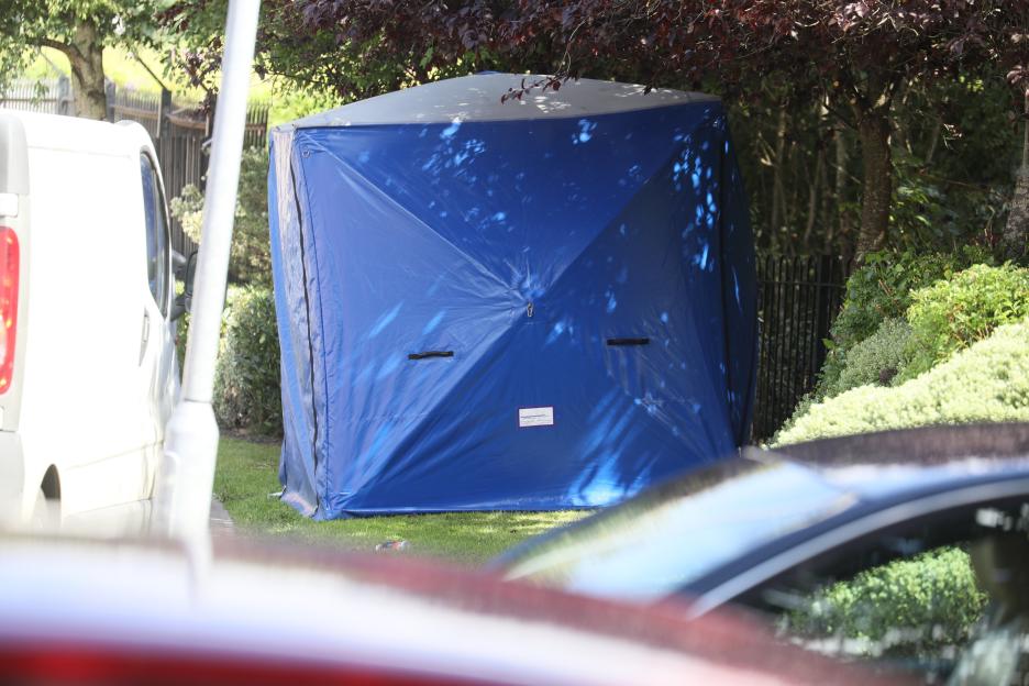 Blue forensic tent at a crime scene.