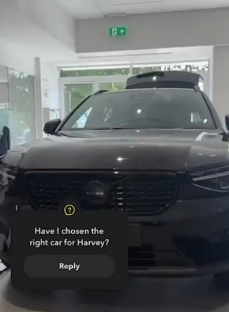 Black Volvo SUV; text overlay asks,