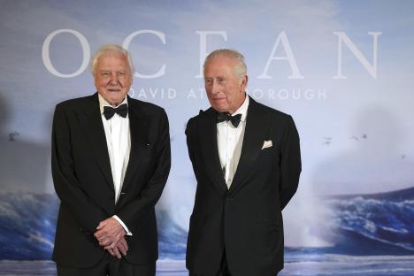 King Charles III and David Attenborough at a film premiere.