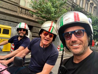 Fred Sirieix, Gordon Ramsay, and Gino D'Acampo on scooters.