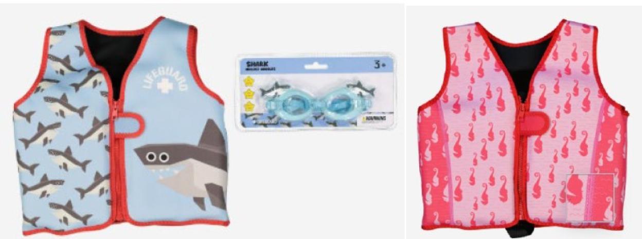 Two recalled children's swimwear items: a blue shark-themed swim vest and goggles, and a pink seahorse-patterned swim vest.
