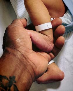 A newborn's hand held by an adult's hand.