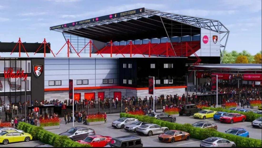 Illustration of the planned expansion of Vitality Stadium with fans and a parking lot.