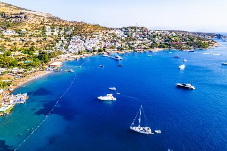 Turkbuku Bay of Bodrum. Mugla, Turkey. Aerial panoramic view of Turkbuku (Golturkbuku). Drone shot.