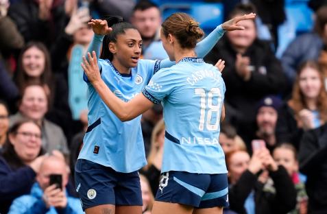 Manchester City's Kerolin Nicoli and Kerstin Casparij celebrating a goal.