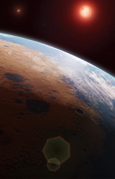 Illustration of Proxima Centauri system, showing a red dwarf star and an orbiting planet with liquid water.