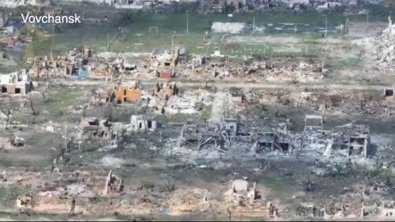 Aerial view of destroyed buildings in Vovchansk, Ukraine.